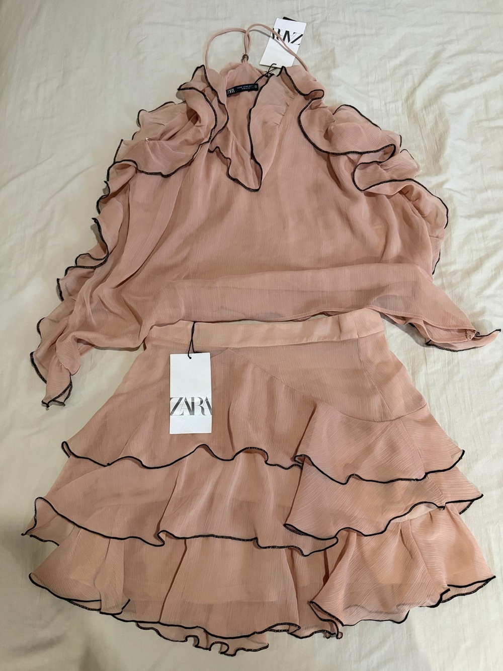 Zara Dusty Pink Ruffle Mini Skirt Set with Black Trim
